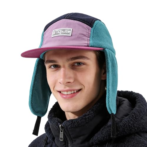 Retro Patchwork Polar Fleece Trapper Hat with Visor, Warm Winter Earflap Cap Flat Brim 5 Panel Baseball Ushanka Hats - color: Mg-lfm25128-blue