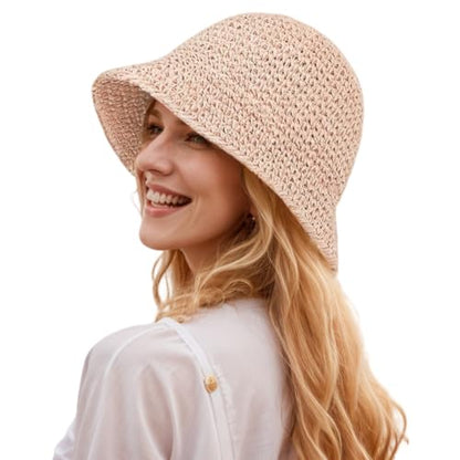 Womens Floppy Straw Sun Hat Packable Wide Brim Summer Beach Hat Foldable Crochet Bucket Hats - color: Pink 2