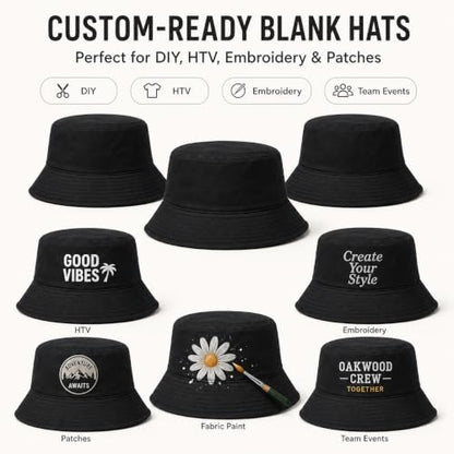 Bucket Hats Bulk Solid Color DIY Blank Hat Bucket Hats for Men, Women and Adults - color: 50 Pcs Black
