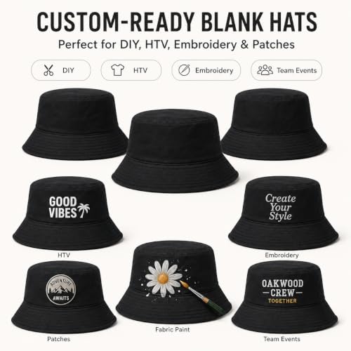 Bucket Hats Bulk Solid Color DIY Blank Hat Bucket Hats for Men, Women and Adults - color: 50 Pcs Black