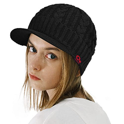 Winter Visor Beanie Brimmed Baseball Cap Fleece Lined Cable Knitted Billed Hat - color: Black