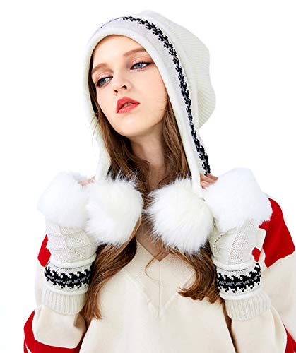 Bellady Women Knit Beanie Winter Ski Hat Cap with Earflap Pom Glove Set - color: White