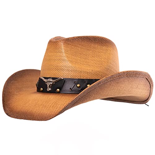 grinderPUNCH Straw Cowboy Hat for Men Women Western Cowgirl Outback Sun Hat - color: Classic Brown