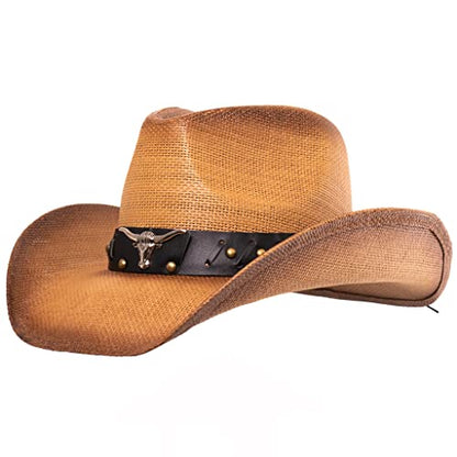 grinderPUNCH Straw Cowboy Hat for Men Women Western Cowgirl Outback Sun Hat - color: Classic Brown