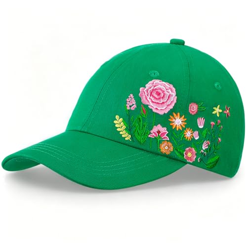 Trendy Handmade Embroidered Baseball Cap for Girls Women, Vintage Wash - style: Floral(dark Green)