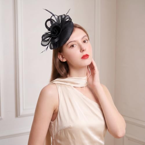 Flower Fascinator Hat Headband Clip for Women Tea Party - color: Black-02