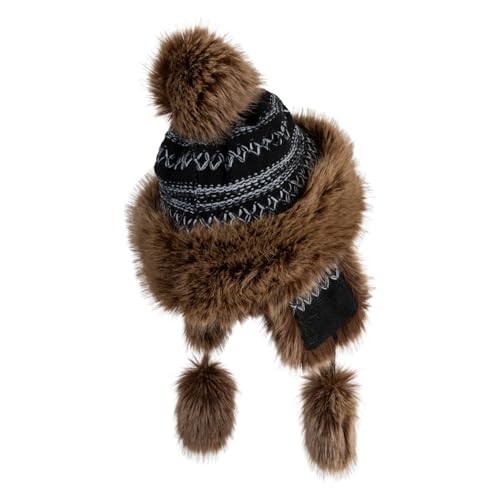 Cross Stitch Knit Fleece Lined Faux Fur Trapper Beanie Hat with String - color: Black