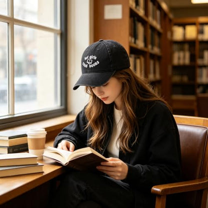 Embroidered Book Lover Baseball Cap for Men Women, Funny Washed Cotton Classic Dad Hat, Reading Lover Gift Idea - color: Hot Girls Read Books, Black