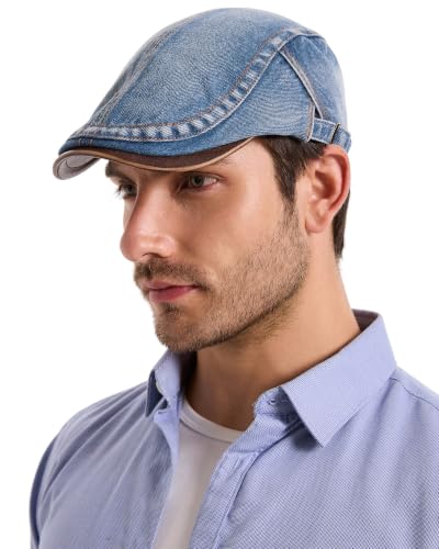 ZLYC Men Cotton Flat Cap Summer Scally Newsboy Beret Driver Hat - color: Denim Blue
