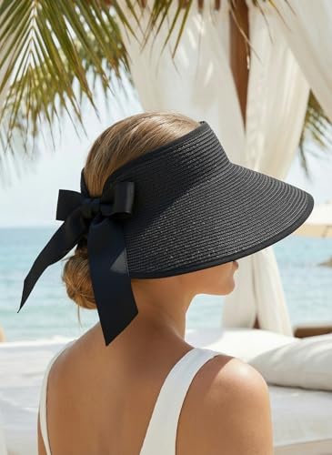 Sun Visor Hat for Women Wide Brim Ponytail Straw Hat UV UPF Summer Beach Vacation Packable Foldable Travel - color: Black