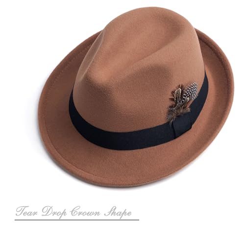 Short Brim Fedora Hat for Men Women Felt Trilby with Feather - color: Khaki