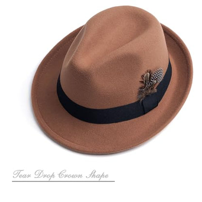 Short Brim Fedora Hat for Men Women Felt Trilby with Feather - color: Khaki