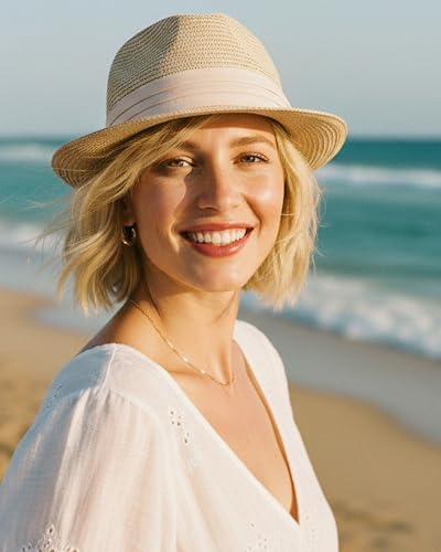 Straw Sun Hat for Men Women Short Brim Beach Trilby Hat UPF 50+ - color: Beige