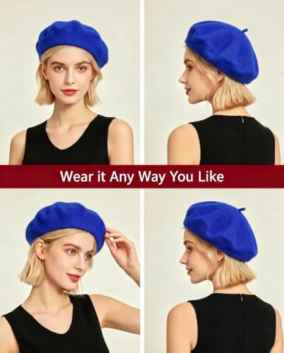 Wool French Beret Hats for Women Classic Winter Beanie Cap - color: Sapphire Blue