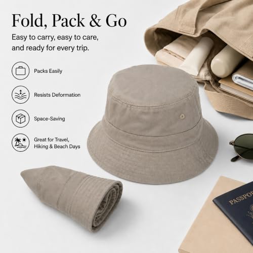 Cotton Bucket Hat Packable Beach Sun Hat for Women Men - color: Khaki