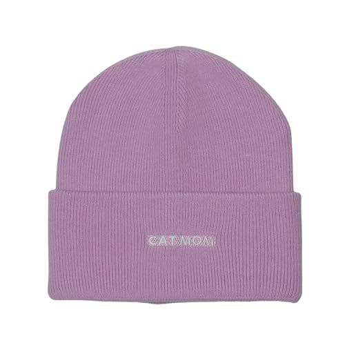 Cat Mom Cat Dad Beanie Collection – Jacquard Pom Pom Hats & Double-Layer Embroidered Beanies for Pet Lovers - color: Cat Mom Embroidery Purple Hat