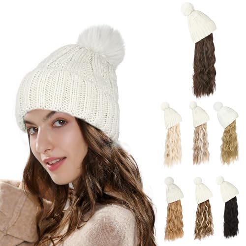 Flufymooz FLmaozi Beanie Wig, Hat Hair Extension Long Wavy White Hat Wig with Faux Fur Pom, Attached 20 Inch Synthetic Hairpiece for Women Girls Winter（Medium Brown with Medium Auburn） - color: White Hat-medium Brown With Medium Auburn, size: 20 Inch