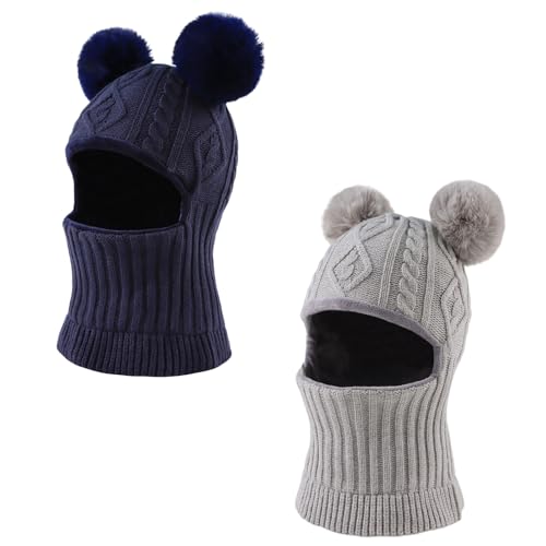 JANGANNSA Winter Baby Knit Hat Scarf Kids Boy Girl Hood Hat Toddler Beanie - color: Navy+gray, size: 3-10 Years