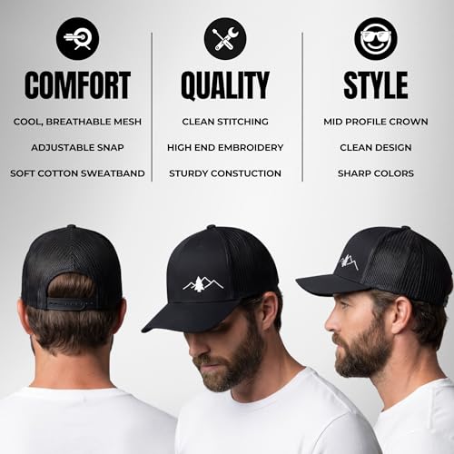 LINDO Trucker Hat [ Great Outdoors Design ] for Men and Women: Mid Profile Cap with Breathable Mesh Back and Adjustable Snap - color: Black