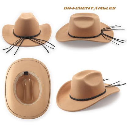DRESHOW Western Cowboy Hat for Men Women Cowboy Cowgirl Hat Outdoor Wide Brim Retro Felt Fedora Hats Unisex Rolled up Caps - color: 1 Pack Style 8: Camel
