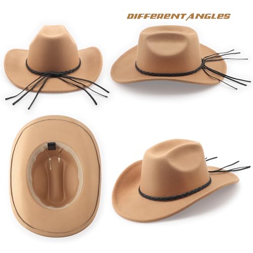 DRESHOW Western Cowboy Hat for Men Women Cowboy Cowgirl Hat Outdoor Wide Brim Retro Felt Fedora Hats Unisex Rolled up Caps - color: 1 Pack Style 8: Camel
