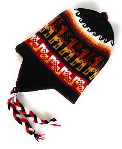 Alpaca Wool Blend Winter Hat Chullo Inca Peruvian Design Reversible with Earflaps. Beanie Medium Size. Unisex - color: Red/Black