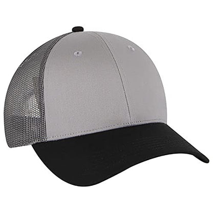 Ashen Fane 6 Panel Blend Twill Structured Low Profile Mesh Back Snapback Trucker Hat - color: Blk/Gry/Ch.gry