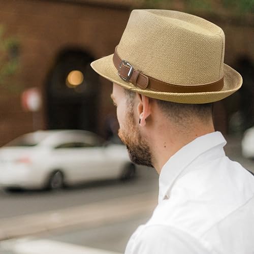 Straw Fedora Hat for Men Panama Hat Short Brim Summer Sun Hat - color: A-khaki
