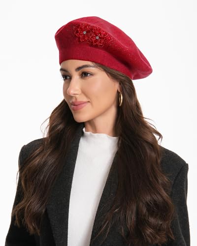 Flower Embroidery Beret Hat for Women, French Style Knitted Beret Hats, Stylish Solid Color Beret Cap for Women Girls Lady - color: 2 Flowers Red
