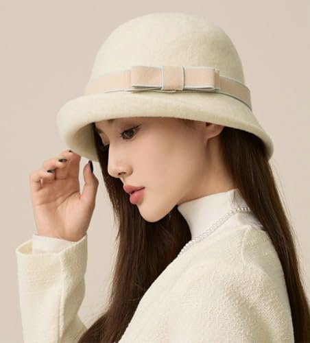 Women Vintage Felt Cloche Hats Winter Fall Solid Fedora Bucket Caps Elegant Bowler Hat Bowknot - color: Off-white