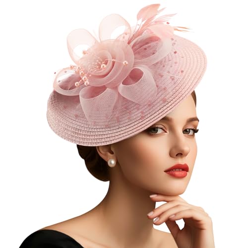 DRESHOW Fascinators Hat Flower Mesh Feathers Hat with a Headband and a Clip 7.9" Tea Party Headwear for Women - color: Folded Style 2: Blush Pink / 7.9"