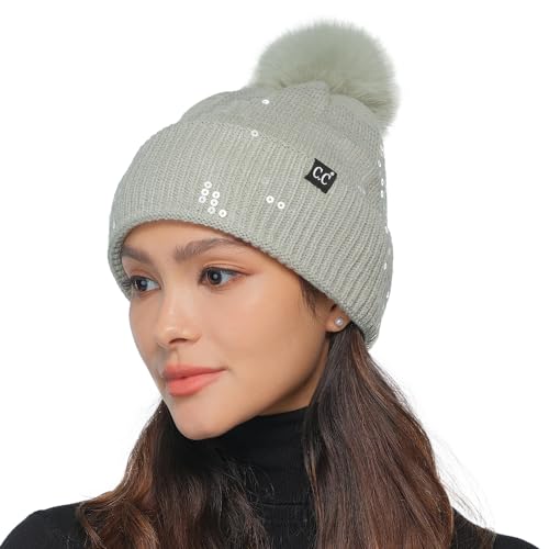 C.C Sequin Pom Beanie for Women - Acrylic Stretchable Soft Warm Knit Winter Skully Hat with Yarn Pom - color: Clear Sequin-dusty Mint