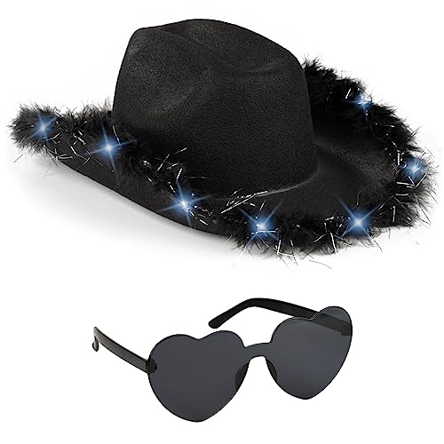 Funcredible Light Up Cowboy Hat and Glasses – LED Cowgirl Hat with Feathers – Cowgirl Costume Accessories for Women - color: Black