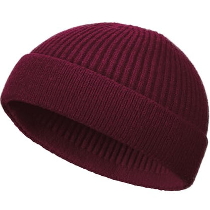 Wool Fisherman Beanie for Men Wome, Thin Knit Winter Hats Skull Cap - color: Wine Red