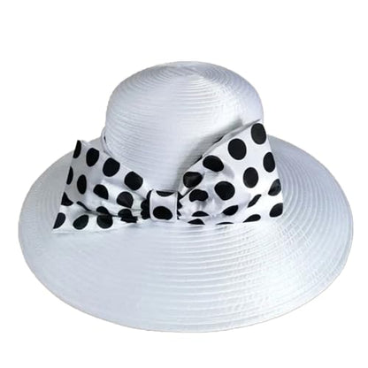 Women Wide Brim Rose Black Patchwork Kentucky Hat for Wedding Party Hat Big Bowknot Polka Dots Fedora Hats - color: White