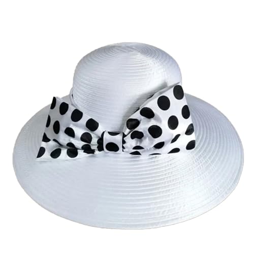 Women Wide Brim Rose Black Patchwork Kentucky Hat for Wedding Party Hat Big Bowknot Polka Dots Fedora Hats - color: White