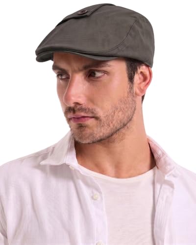 ZLYC Men Cotton Flat Cap Summer Scally Newsboy Beret Driver Hat - color: Button Decor Gray