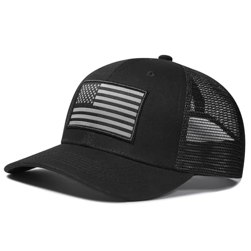 American Flag Trucker Hat, Patriotic Baseball Cap for Men & Women, Breathable Mesh Adjustable Snapback, USA Flag Patch - color: Black/Black