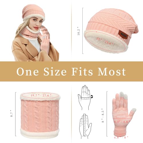 MAYLISACC Winter Knit Beanie Hat Neck Warmer Scarf and Touch Screen Gloves Set 3 Pcs Fleece Lined Skull Cap for Men Women - color: Pink--3 Pcs--(hat+scarf+gloves)