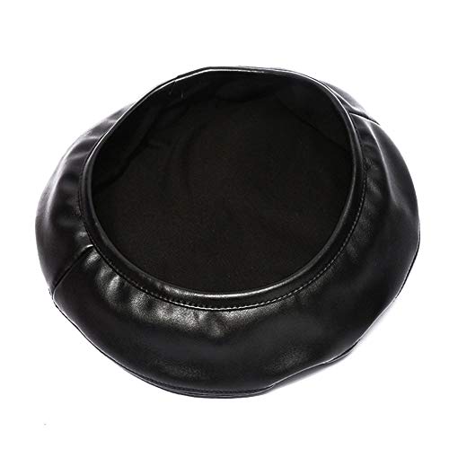 Women Soft PU Leather Beret French Style Artist Painter Hat with Top Stem - color: Black