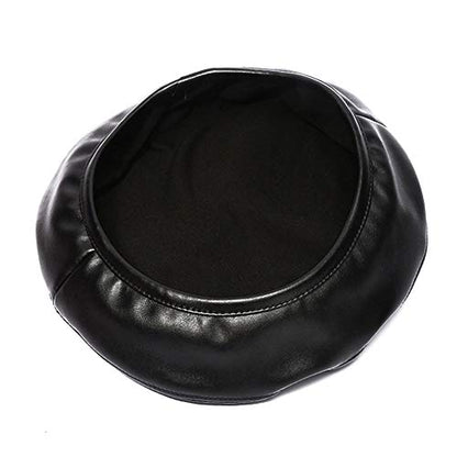 Women Soft PU Leather Beret French Style Artist Painter Hat with Top Stem - color: Black