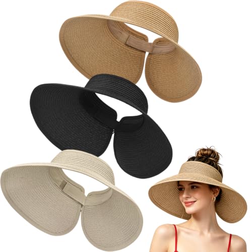 3 Pack Women's Straw Sun Visor Hat,Outdoor Wide Brim UV Protection Foldable,Adjustable Packable Ponytail Summer Sun Hat - color: Khaki＆beige＆black