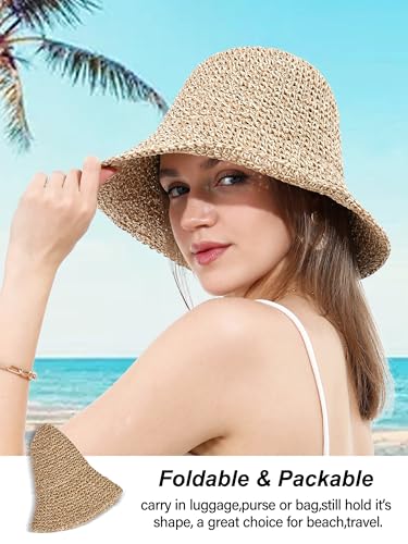 sy soul young Women's Straw Sunhat Wide Brim Hand Woven Beach Bucket Hat - color: Beige & Coffee
