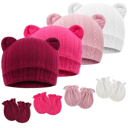 Newborn Baby Hat and Mittens Set Bear Ears Toddler Infant Beanie Caps Newborn Hospital Hat for Baby Boy Girl 0-3 Months - color: Wheat Patterned Bear Ear H