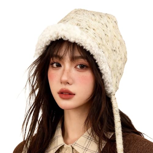 Women Winter Fleece Beanies Hat with Ear Flaps Soft Warm Crochet Skull Cap - color: A Beige