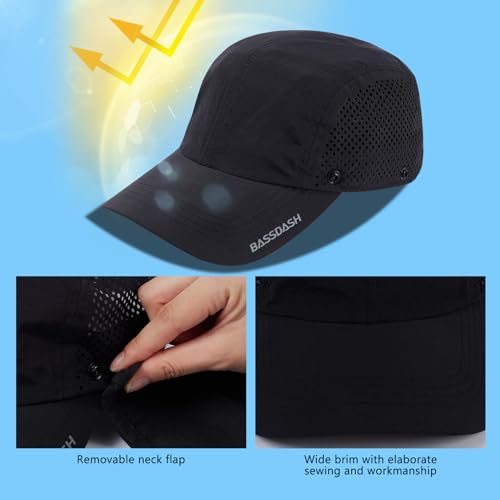BASSDASH UPF 50+ Fishing Hat, Baseball Cap with Removable Neck Flap - color: Black With Unfoldable Brim
