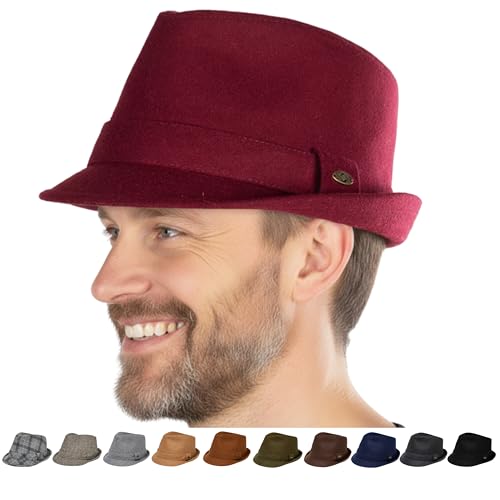 Funky Junque Mens Wool Blend Fedora, Vintage Winter Dress Hat - color: Burgundy, size: 6 3/4-7 1/8