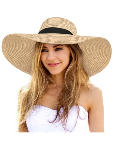 Floppy Sun Hats for Women, Summer Wide Brim Straw Beach Hat - color: Beige Khaki, size: Large