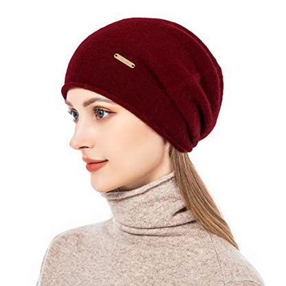 Knit Slouchy Beanie Hats for Women Cashmere Ski Cap Knitted Wool Soft Warm Winter Hat - color: A03-burgundy