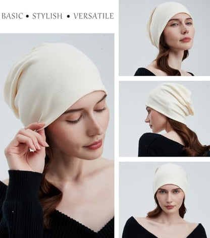 Slouchy Beanie for Women Men Thin Knit Winter Hat 93% Cotton Beanies - color: Beige
